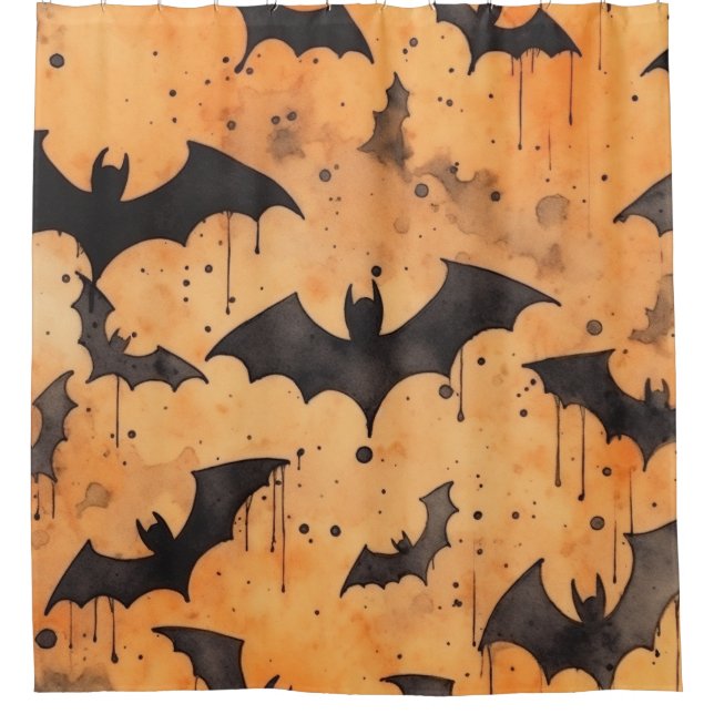 Watercolor Black Bats on Orange Shower Curtain (Front)