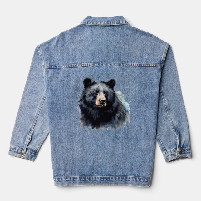 Watercolor Black Bear Animal Wildlife Nature Art Denim Jacket (Back)