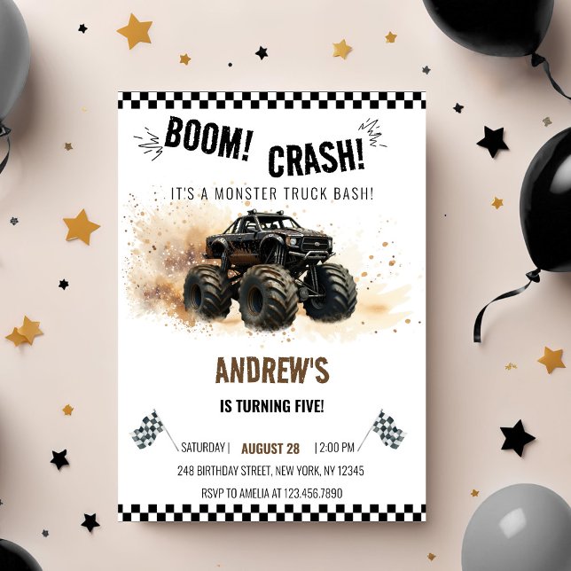 Watercolor Black Boom Crash Monster Truck Bash Invitation (Creator Uploaded)