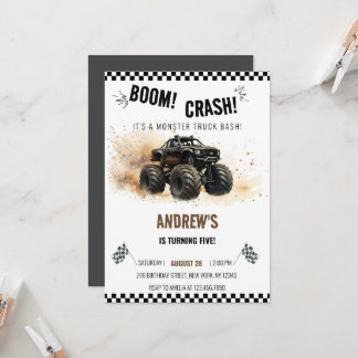 Watercolor Black Boom Crash Monster Truck Bash Invitation