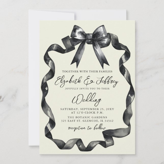 Watercolor Black Bow Coquette Modern Chic Wedding Invitation (Front)