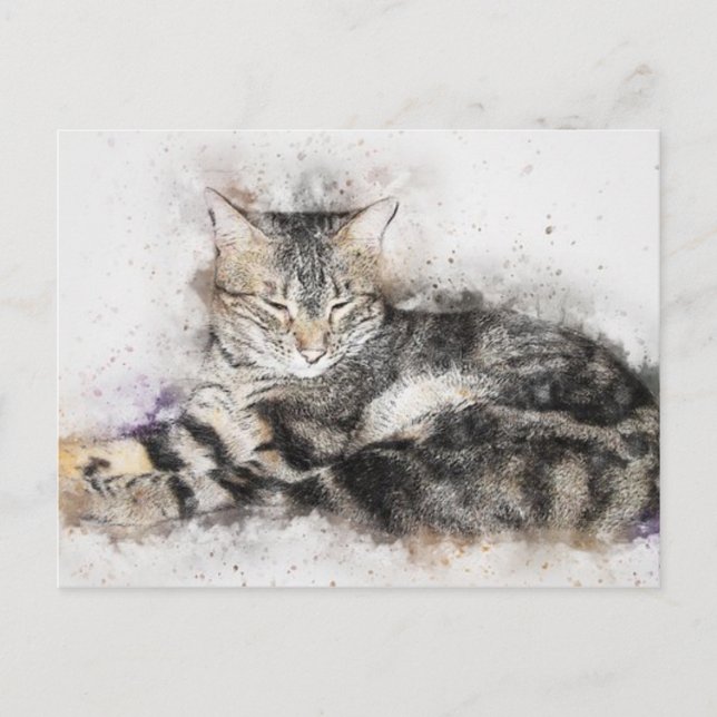 Watercolor Black Brown and White Cat Postcard (Front)