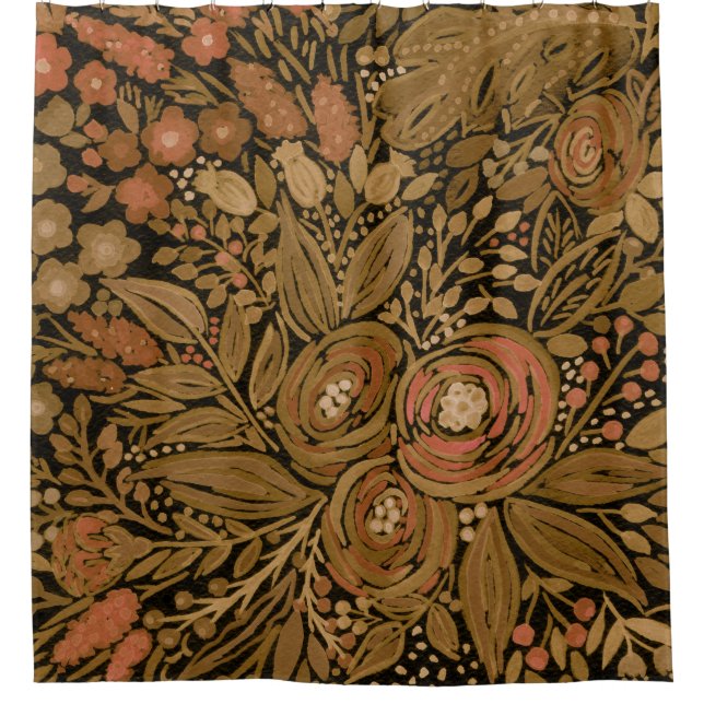 watercolor ,black brown floral, pattern black shower curtain (Front)
