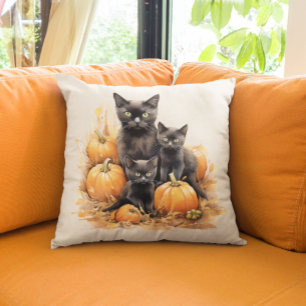 Watercolor Black Cat and Kittens Pumpkin Cushion