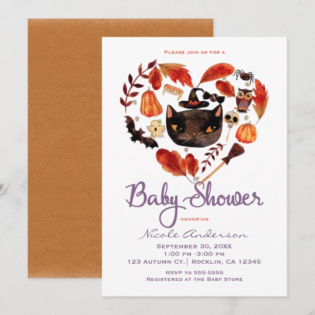 Watercolor Black Cat Halloween Baby Shower Invitation (Front/Back)