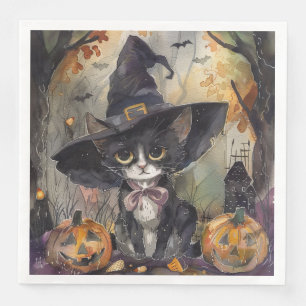 Watercolor Black Cat Halloween for Decoupage Party Napkin