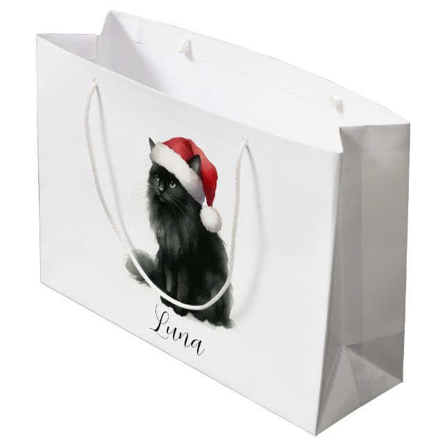 Watercolor Black Cat in Festive Santa Hat Gift Bag (Back Angled)