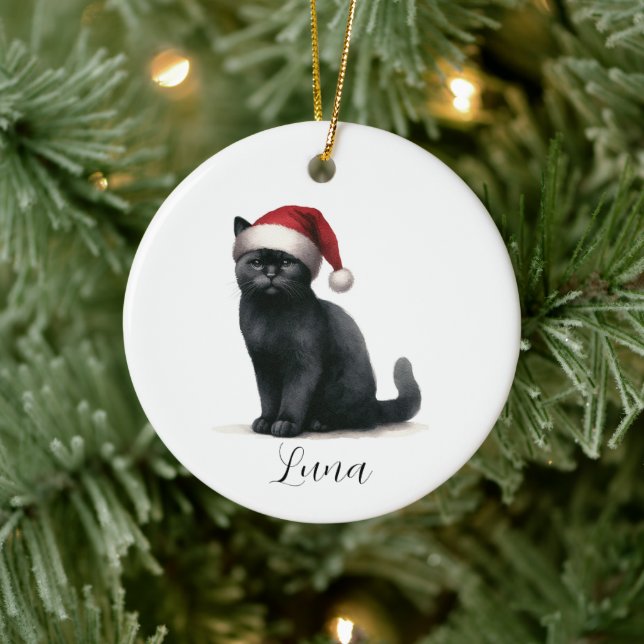 Watercolor Black Cat in Festive Santa Hat Ornament (Tree)