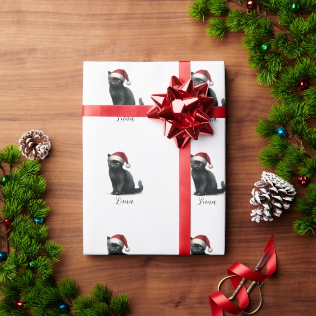 Watercolor Black Cat in Festive Santa Hat Wrapping Paper (Holiday Gift)