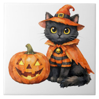 Watercolor Black Cat in Halloween Costume Ceramic Tile