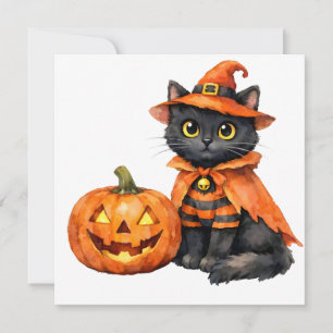 Watercolor Black Cat in Halloween Costume Holiday Card