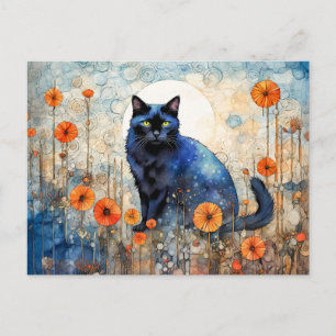 Watercolor Black Cat in Poppy Field Postcard