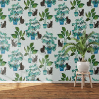 Watercolor Black Cat Monstera Houseplant Blue
