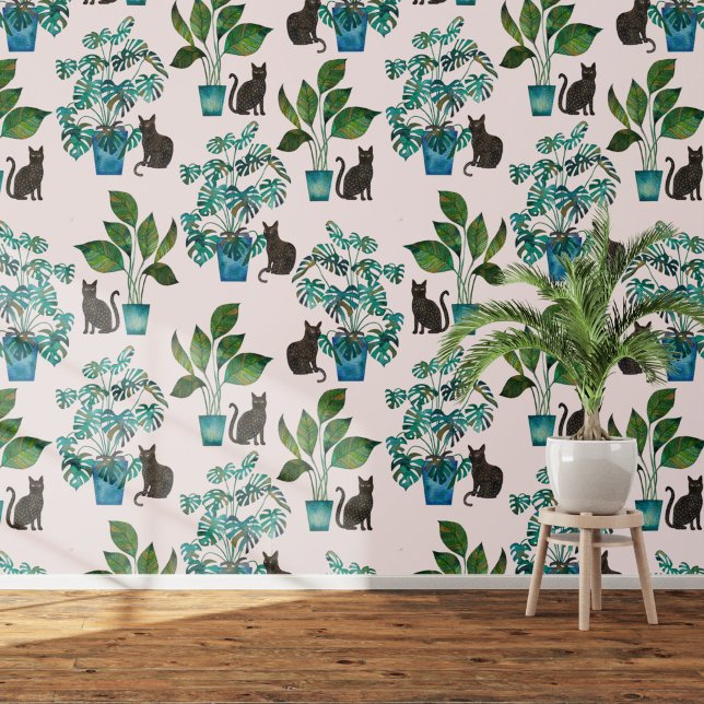 Watercolor Black Cat Monstera Houseplant Pink Wallpaper (Black cat with monstera houseplant watercolor  art wallpaper)