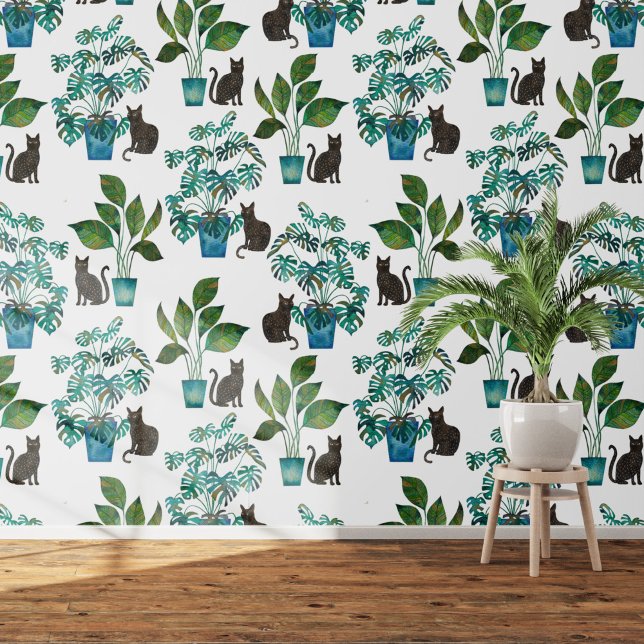 Watercolor Black Cat Monstera Houseplant Wallpaper (Black cat with monstera houseplants watercolor  art wallpaper)