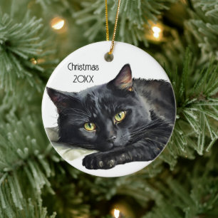 Watercolor Black Cat On White Ceramic Ornament
