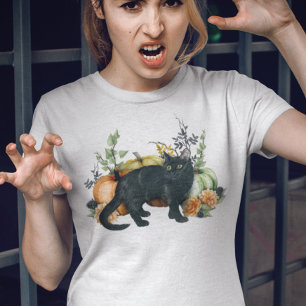 Watercolor Black Cat Pumpkin Halloween T-Shirt