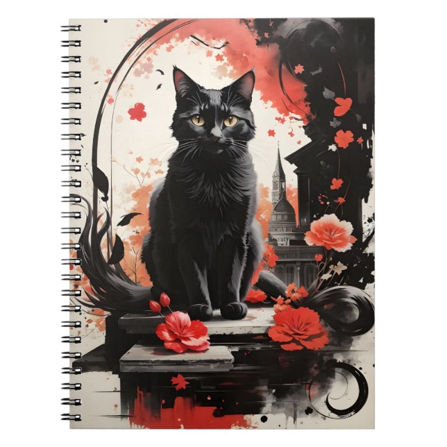 Watercolor Black Cat Splatter Art Red Flowers  Notebook (Front)