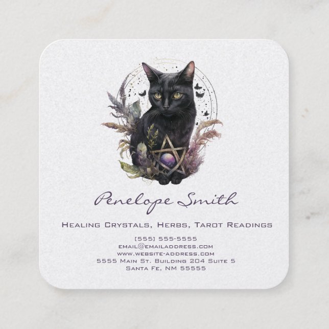 Watercolor Black Cat Square Business Card (Back)