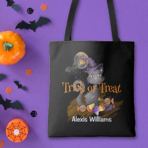 Watercolor Black Cat Trick or Treat Tote Bag