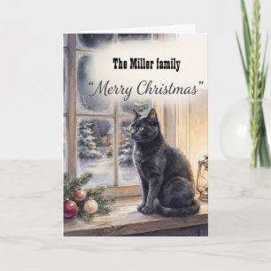 Watercolor Black Cat Winter Window Christmas Card