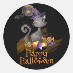 Watercolor Black Cat with candies, Halloween Classic Round Sticker