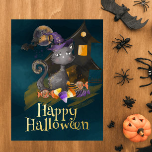 Watercolor Black Cat with candies, Halloween Foil Holiday Postcard