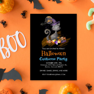 Watercolor Black Cat with candies, Halloween Invitation