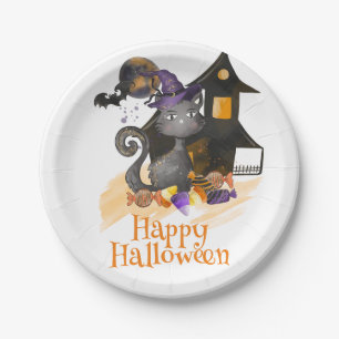 Watercolor Black Cat with candies, Halloween Paper Plate
