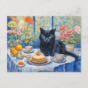 Watercolor Black Cat with Tea Table Postcard
