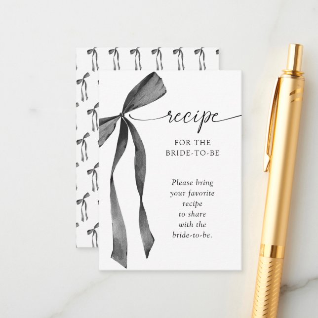 Watercolor Black Coquette Bow Bridal Shower Recipe Enclosure Card (Front/Back In Situ)