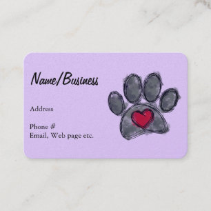 Watercolor Black Dog Paw Print Red Heart Lavender Business Card