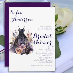 Watercolor black dress purple bridal shower invitation