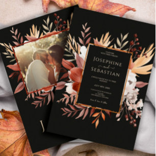 Watercolor Black Fall Floral Photo Wedding  Invitation