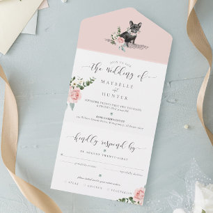 Watercolor Black French Bulldog Dog & Floral Roses All In One Invitation