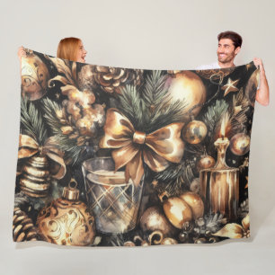 Watercolor Black Gold Christmas Motifs Holiday Fleece Blanket