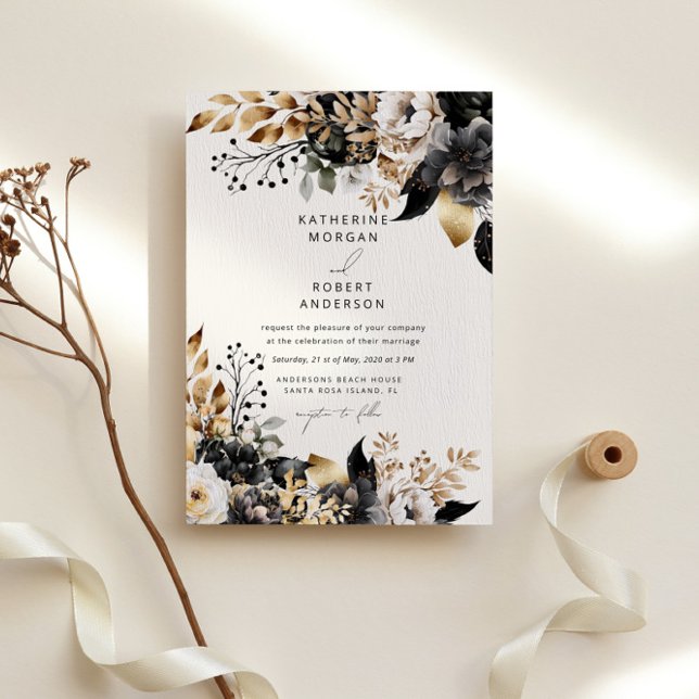 Watercolor Black Gold Floral Wedding Invitation (Creator Uploaded)