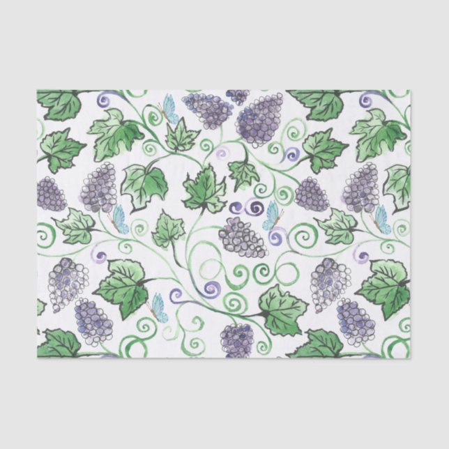 Watercolor Black Grape Vines and Butterflies Tissue Paper (Front)