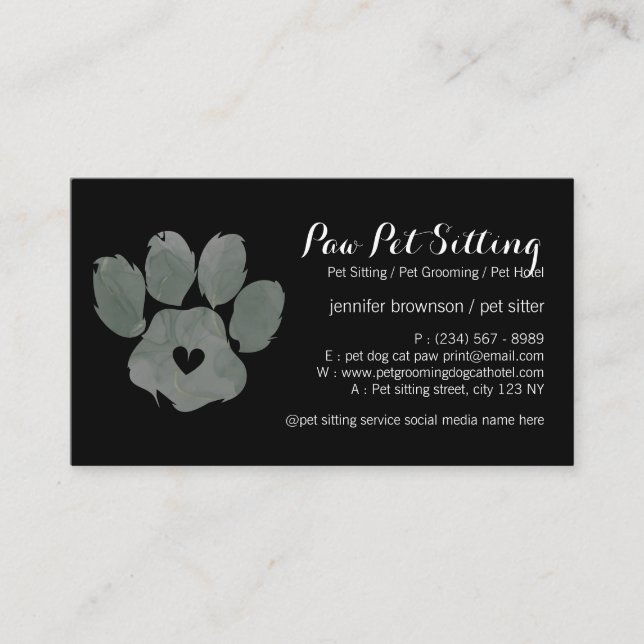 Watercolor Black Green Pet Sitter Grooming Paw Business Card (Front)