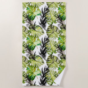 Watercolor Black Green Tropical Leaves Pattern Beach Towel