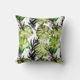 Watercolor Black Green Tropical Leaves Pattern Cushion