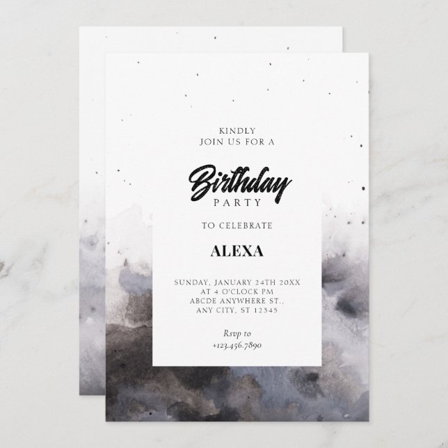 Watercolor Black grey fog birthday  Invitation (Front/Back)