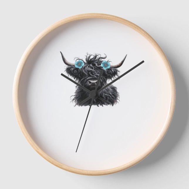 Watercolor Black Highland Cow Classic T-Shirt Clock (Front)