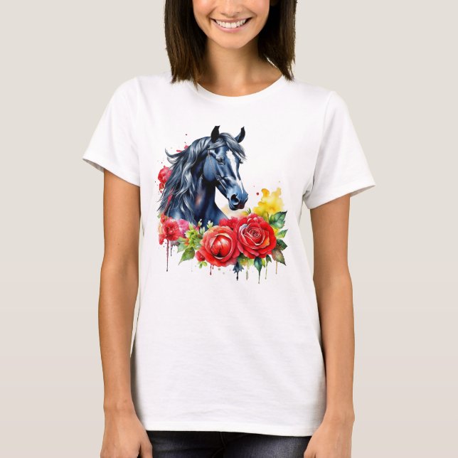 Watercolor Black Horse Red Roses T-Shirt (Front)