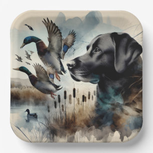 Watercolor Black Labrador And Ducks Paper Plate