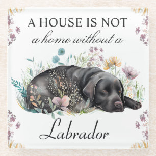 Watercolor Black Labrador and Summer Flowers Glass Coaster