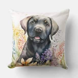 Watercolor Black Labrador Retriever and Flowers Cushion
