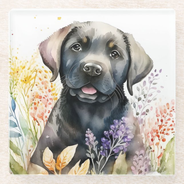 Watercolor Black Labrador Retriever and Flowers Glass Coaster (Front)