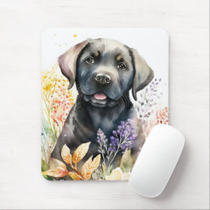 Watercolor Black Labrador Retriever and Flowers Mouse Pad