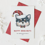 Watercolor Black Long Hair Chihuahua Dog Christmas Holiday Card<br><div class="desc">Meowy Christmas! Send holiday greetings to family and friends with a dog-themed Christmas card. It features a watercolor illustration of a cute black long hair Chihuahua with a Santa hat and tartan bow tie. The texts are fully editable. Personalise by adding a greeting, names and message. This Chihuahua Christmas card...</div>